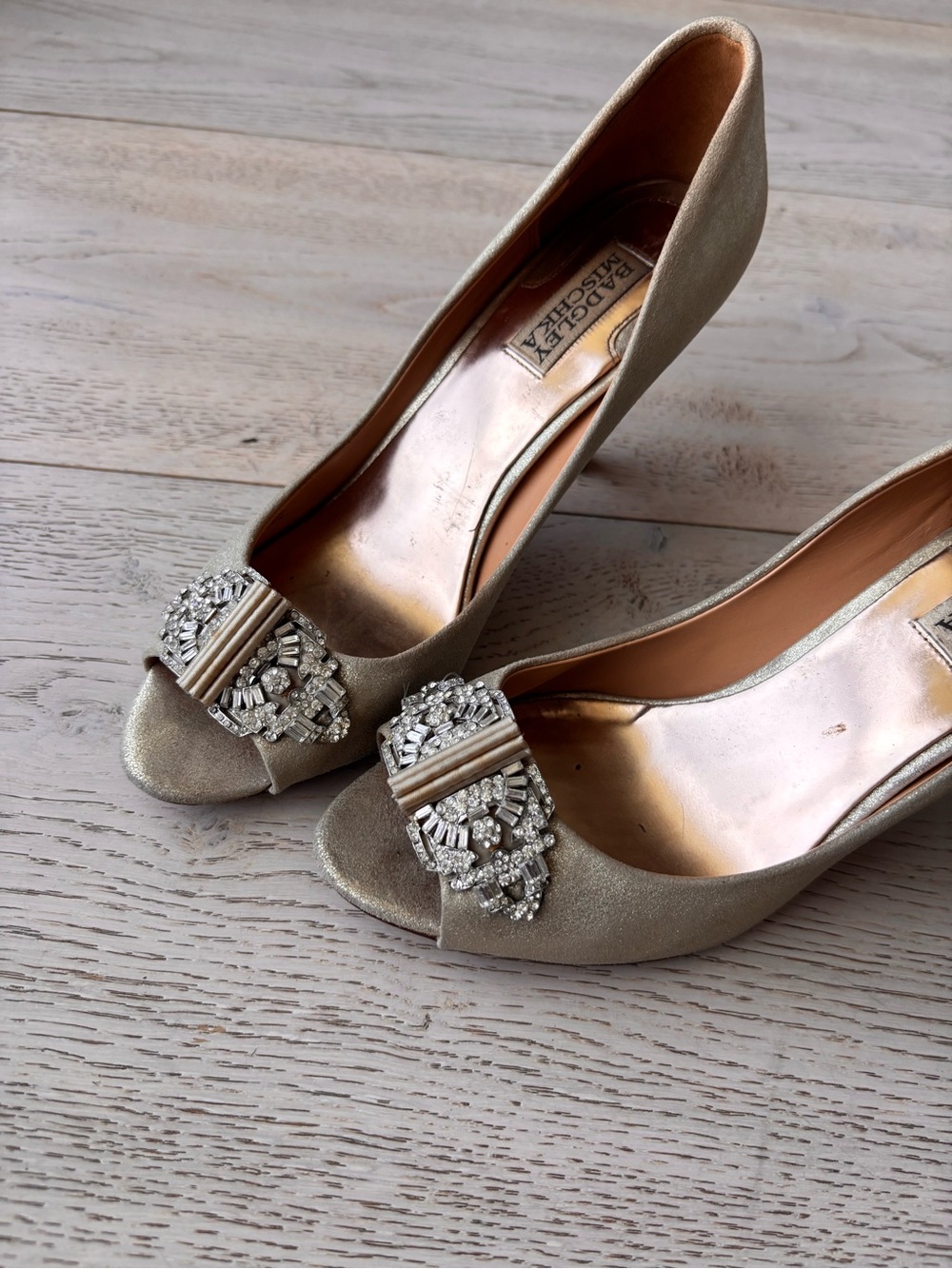 Badgley Mischka Gold Crystal-Embellished Peep-Toe Heels